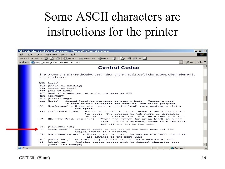 Some ASCII characters are instructions for the printer CSIT 301 (Blum) 46 