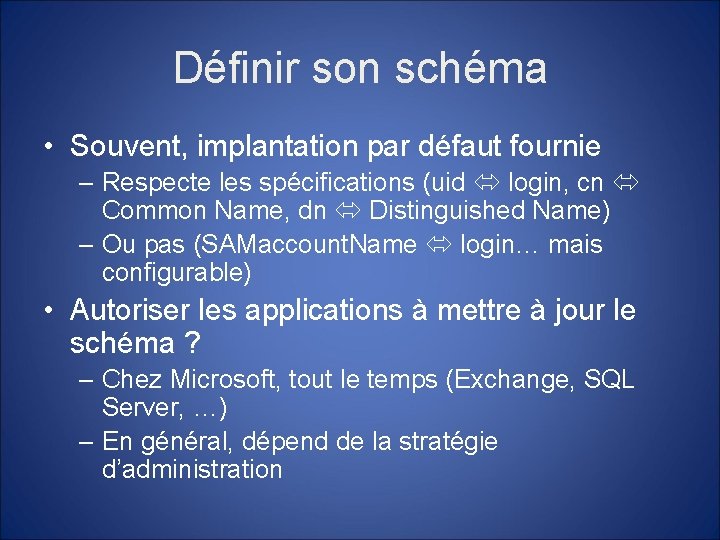 Définir son schéma • Souvent, implantation par défaut fournie – Respecte les spécifications (uid