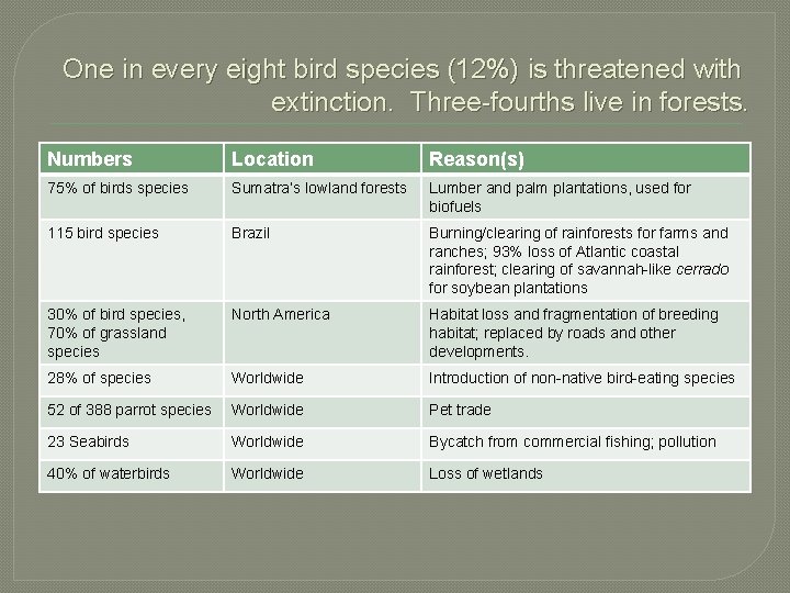 One in every eight bird species (12%) is threatened with extinction. Three-fourths live in