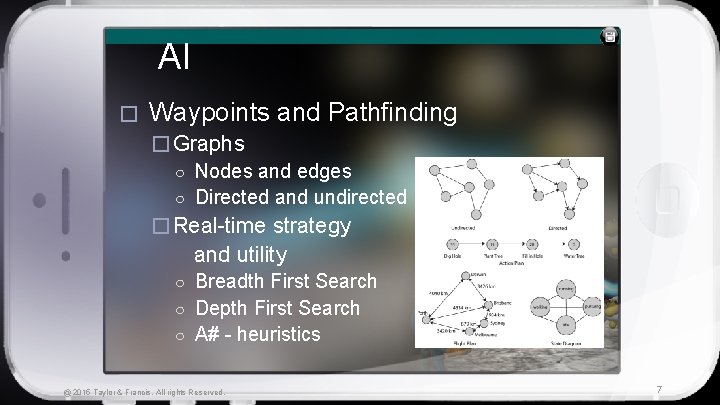AI � Waypoints and Pathfinding � Graphs ○ Nodes and edges ○ Directed and