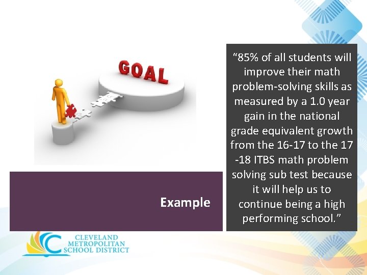 Example “ 85% of all students will improve their math problem-solving skills as measured