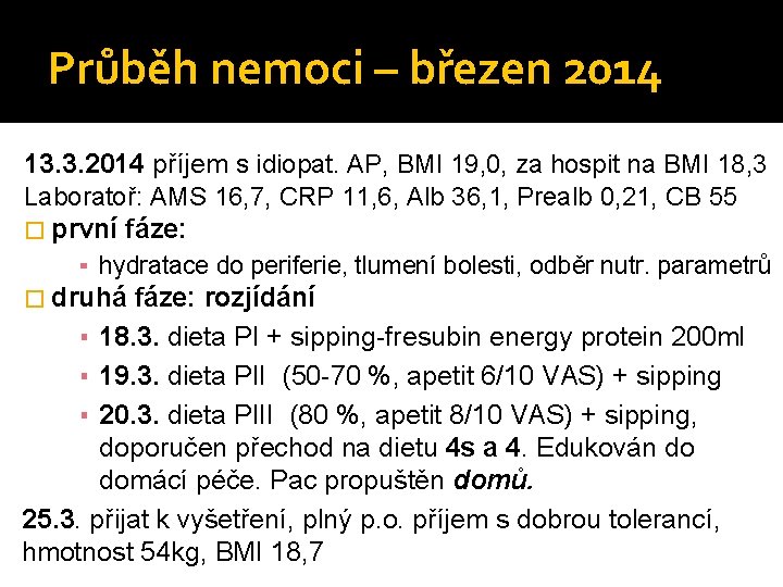 Průběh nemoci – březen 2014 13. 3. 2014 příjem s idiopat. AP, BMI 19,