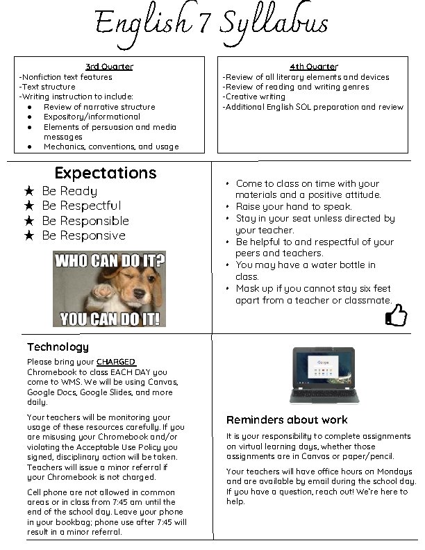 English 7 Syllabus 3 rd Quarter -Nonfiction text features -Text structure -Writing instruction to