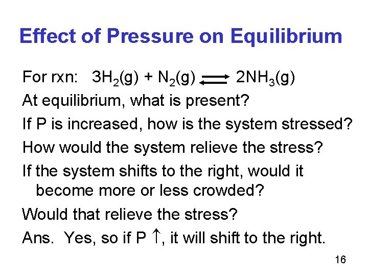 Effect of Pressure on Equilibrium For rxn: 3 H 2(g) + N 2(g) 2