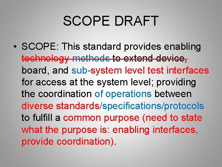 SCOPE DRAFT • SCOPE: This standard provides enabling technology methods to extend device, board,