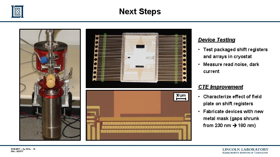 Next Steps Device Testing • Test packaged shift registers and arrays in cryostat • Next Steps Device Testing • Test packaged shift registers and arrays in cryostat •