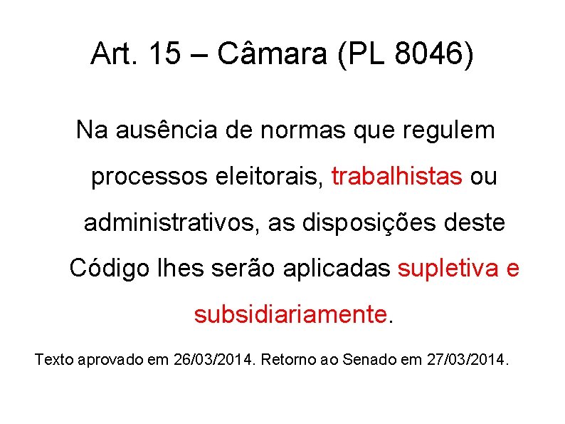 Art. 15 – Câmara (PL 8046) Na ausência de normas que regulem processos eleitorais, Art. 15 – Câmara (PL 8046) Na ausência de normas que regulem processos eleitorais,