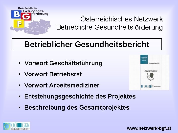 Österreichisches Netzwerk Betriebliche Gesundheitsförderung Betrieblicher Gesundheitsbericht • Vorwort Geschäftsführung • Vorwort Betriebsrat • Vorwort
