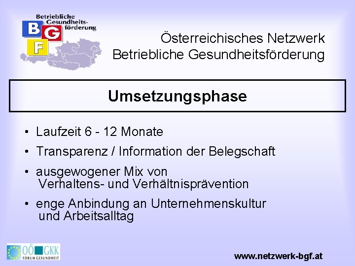 Österreichisches Netzwerk Betriebliche Gesundheitsförderung Umsetzungsphase • Laufzeit 6 - 12 Monate • Transparenz /