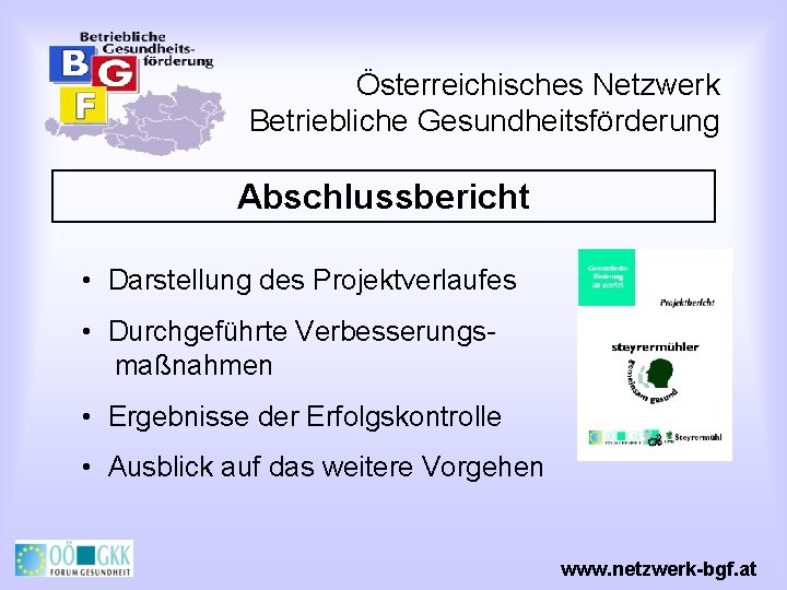 Österreichisches Netzwerk Betriebliche Gesundheitsförderung Abschlussbericht • Darstellung des Projektverlaufes • Durchgeführte Verbesserungsmaßnahmen • Ergebnisse