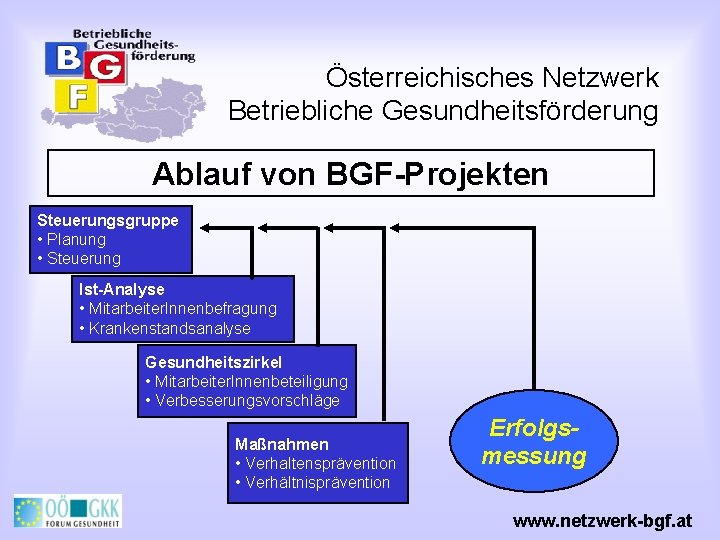 Österreichisches Netzwerk Betriebliche Gesundheitsförderung Ablauf von BGF-Projekten Steuerungsgruppe • Planung • Steuerung Ist-Analyse •