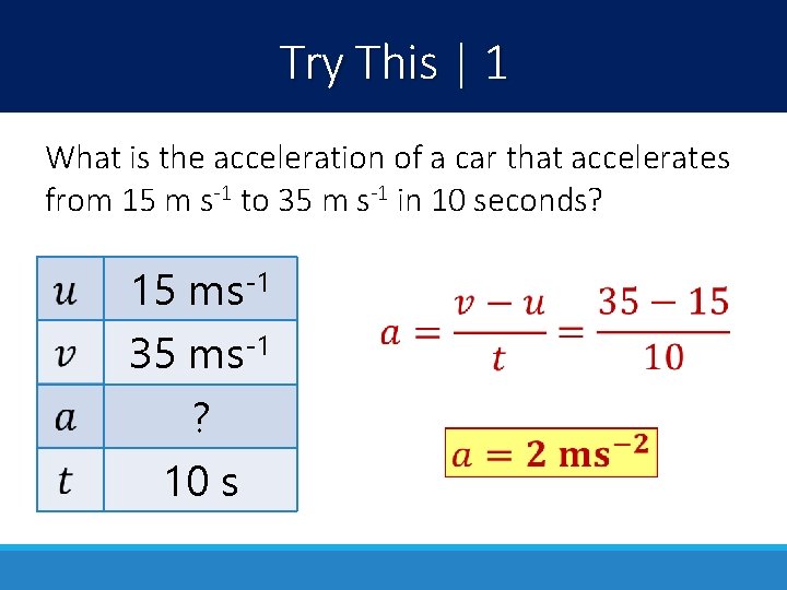 Try This | 1 What is the acceleration of a car that accelerates from