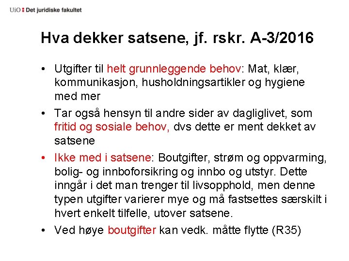 Hva dekker satsene, jf. rskr. A-3/2016 • Utgifter til helt grunnleggende behov: Mat, klær,