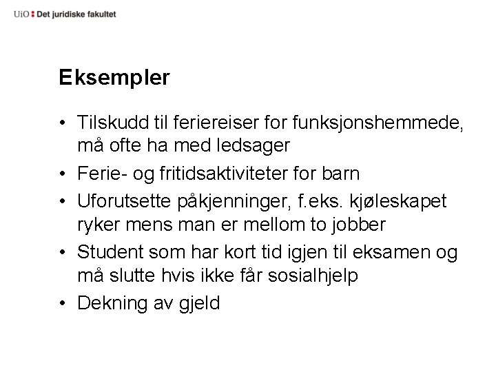 Eksempler • Tilskudd til feriereiser for funksjonshemmede, må ofte ha med ledsager • Ferie-