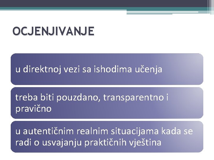 OCJENJIVANJE u direktnoj vezi sa ishodima učenja treba biti pouzdano, transparentno i pravično u