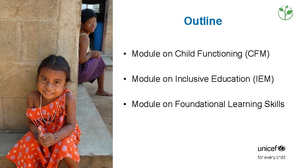 Outline • Module on Child Functioning (CFM) • Module on Inclusive Education (IEM) • Outline • Module on Child Functioning (CFM) • Module on Inclusive Education (IEM) •