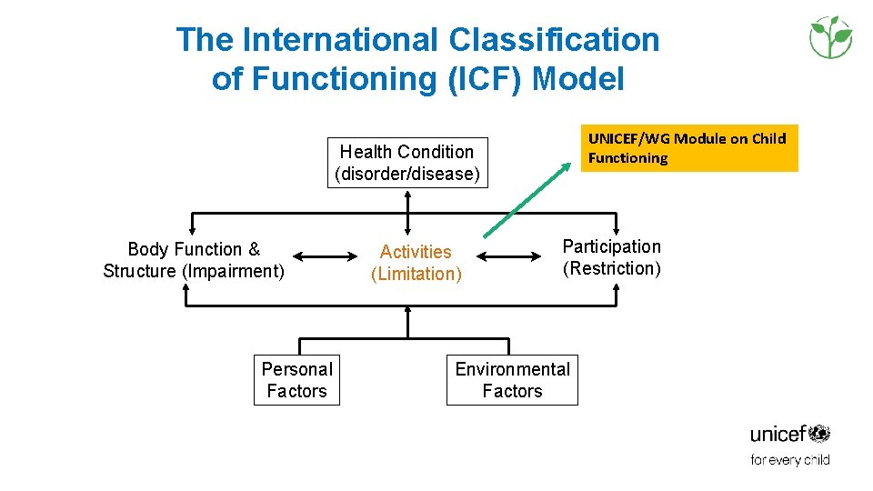 The International Classification of Functioning (ICF) Model UNICEF/WG Module on Child Functioning Health Condition The International Classification of Functioning (ICF) Model UNICEF/WG Module on Child Functioning Health Condition