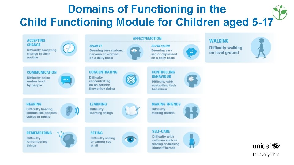 Domains of Functioning in the Child Functioning Module for Children aged 5 -17 Domains of Functioning in the Child Functioning Module for Children aged 5 -17