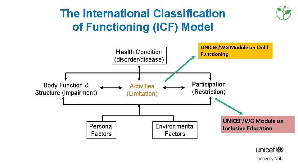 The International Classification of Functioning (ICF) Model UNICEF/WG Module on Child Functioning Health Condition The International Classification of Functioning (ICF) Model UNICEF/WG Module on Child Functioning Health Condition