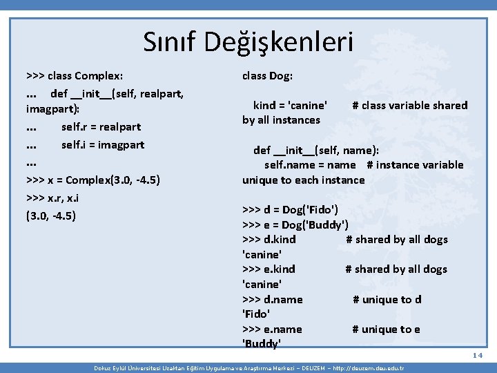 Sınıf Değişkenleri >>> class Complex: . . . def __init__(self, realpart, imagpart): . .