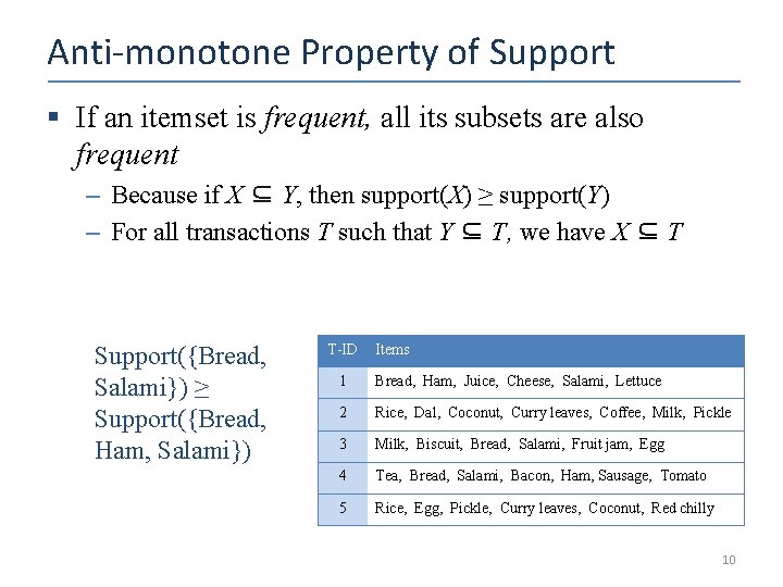 Anti-monotone Property of Support § If an itemset is frequent, all its subsets are