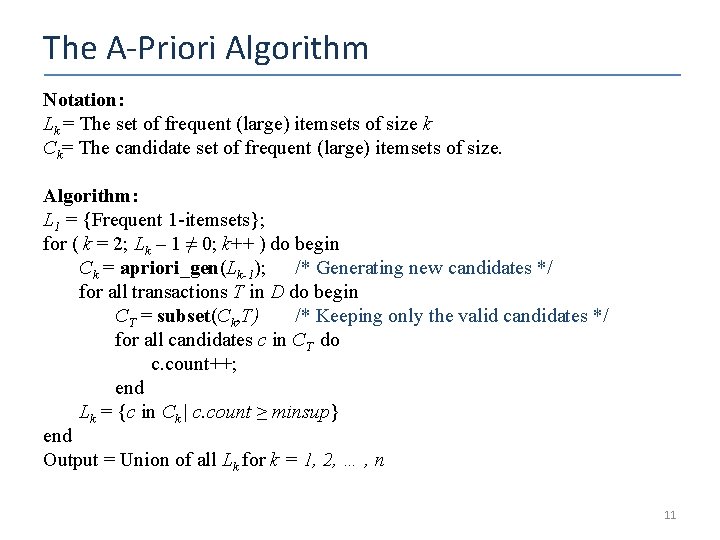 The A-Priori Algorithm Notation: Lk = The set of frequent (large) itemsets of size