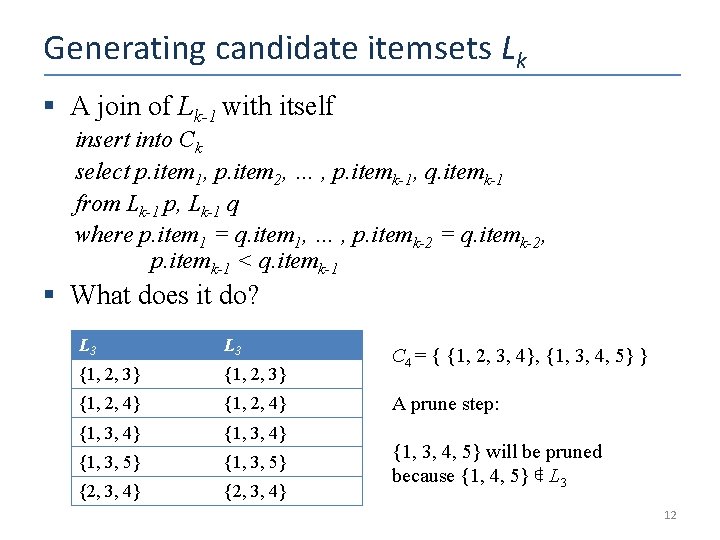 Generating candidate itemsets Lk § A join of Lk-1 with itself insert into Ck