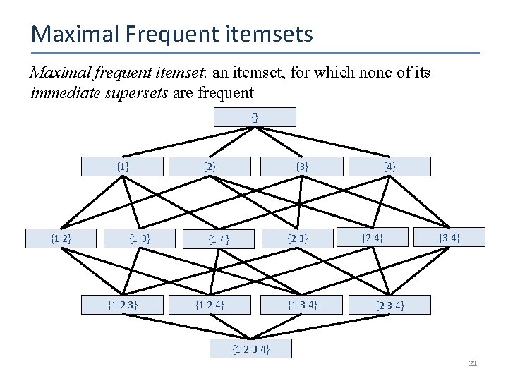 Maximal Frequent itemsets Maximal frequent itemset: an itemset, for which none of its immediate