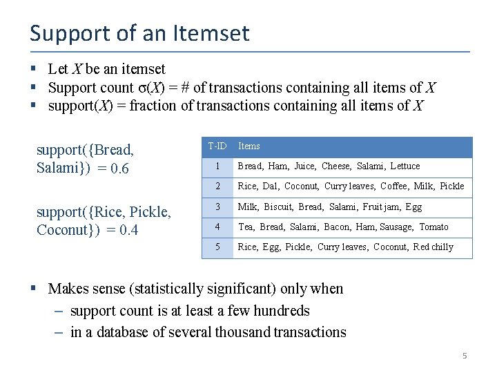 Support of an Itemset § Let X be an itemset § Support count σ(X)