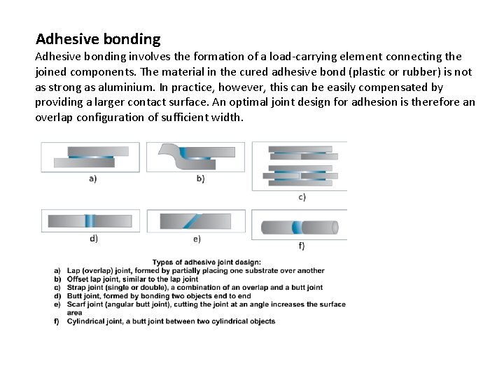 Adhesive bonding involves the formation of a load-carrying element connecting the joined components. The