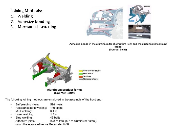 Joining Methods: 1. Welding 2. Adhesive bonding 3. Mechanical fastening 