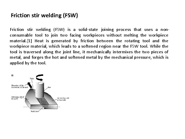 Friction stir welding (FSW) is a solid-state joining process that uses a nonconsumable tool