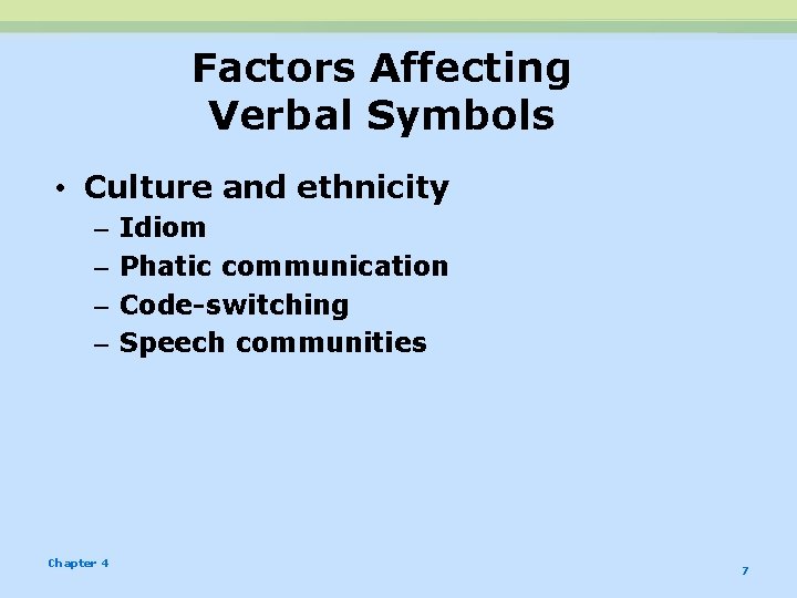 Factors Affecting Verbal Symbols • Culture and ethnicity – – Chapter 4 Idiom Phatic