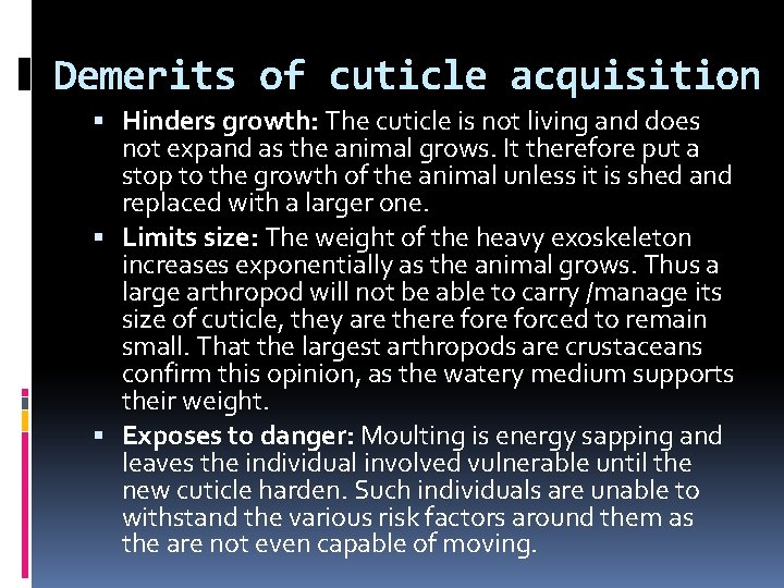 Demerits of cuticle acquisition Hinders growth: The cuticle is not living and does not