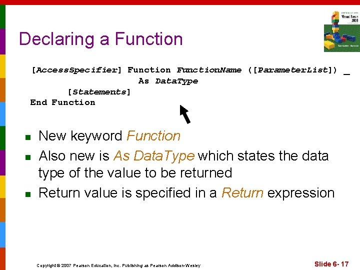 Declaring a Function [Access. Specifier] Function. Name ([Parameter. List]) _ As Data. Type [Statements]