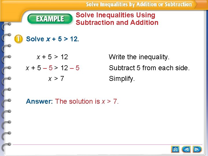 Solve Inequalities Using Subtraction and Addition Solve x + 5 > 12 x +