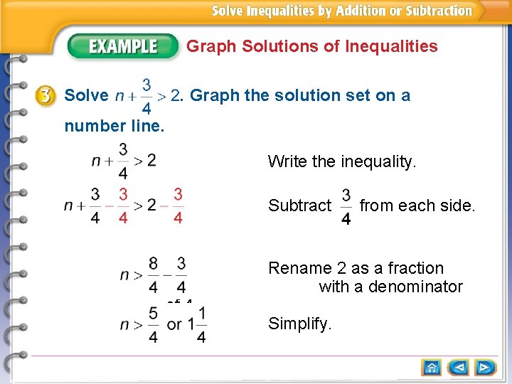 Graph Solutions of Inequalities Solve . Graph the solution set on a number line.