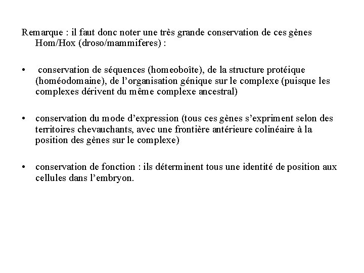 Remarque : il faut donc noter une très grande conservation de ces gènes Hom/Hox