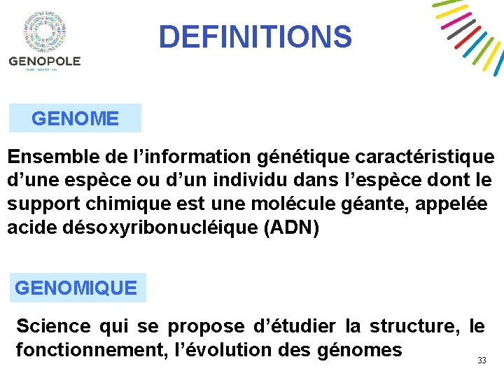 DEFINITIONS GENOME Ensemble de l’information génétique caractéristique d’une espèce ou d’un individu dans l’espèce