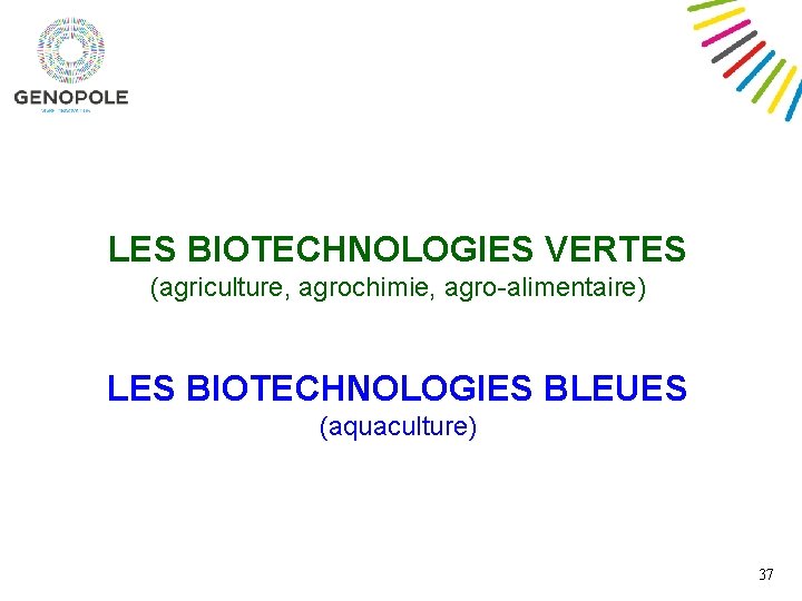 LES BIOTECHNOLOGIES VERTES (agriculture, agrochimie, agro-alimentaire) LES BIOTECHNOLOGIES BLEUES (aquaculture) 37 
