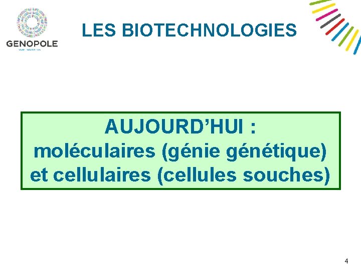 LES BIOTECHNOLOGIES AUJOURD’HUI : moléculaires (génie génétique) et cellulaires (cellules souches) 4 