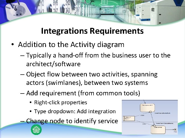 Integrations Requirements • Addition to the Activity diagram – Typically a hand-off from the