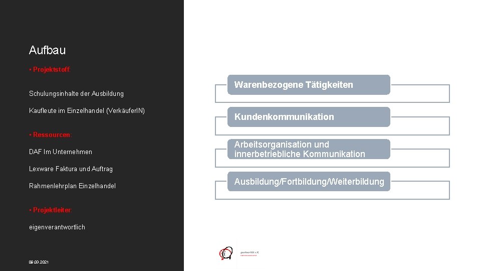 Aufbau • Projektstoff: Warenbezogene Tätigkeiten Schulungsinhalte der Ausbildung Kaufleute im Einzelhandel (Verkäufer. IN) Kundenkommunikation