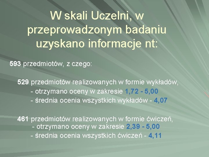 W skali Uczelni, w przeprowadzonym badaniu uzyskano informacje nt: 593 przedmiotów, z czego: 529 W skali Uczelni, w przeprowadzonym badaniu uzyskano informacje nt: 593 przedmiotów, z czego: 529