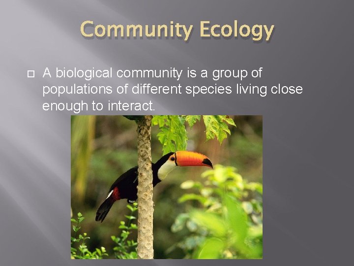 Community Ecology A biological community is a group of populations of different species living