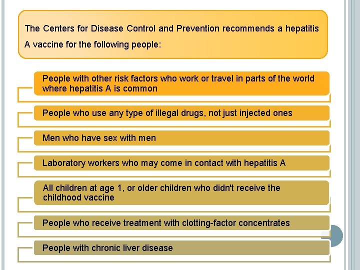 The Centers for Disease Control and Prevention recommends a hepatitis A vaccine for the