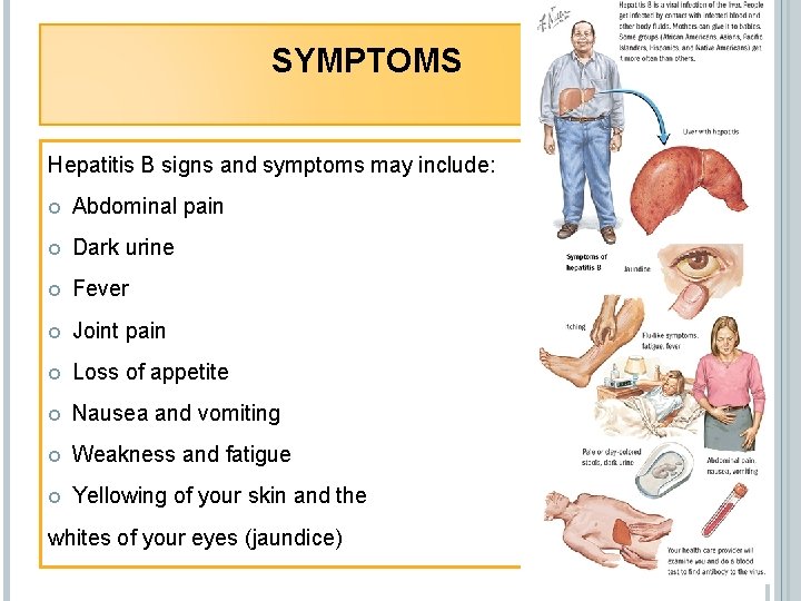 SYMPTOMS Hepatitis B signs and symptoms may include: Abdominal pain Dark urine Fever Joint