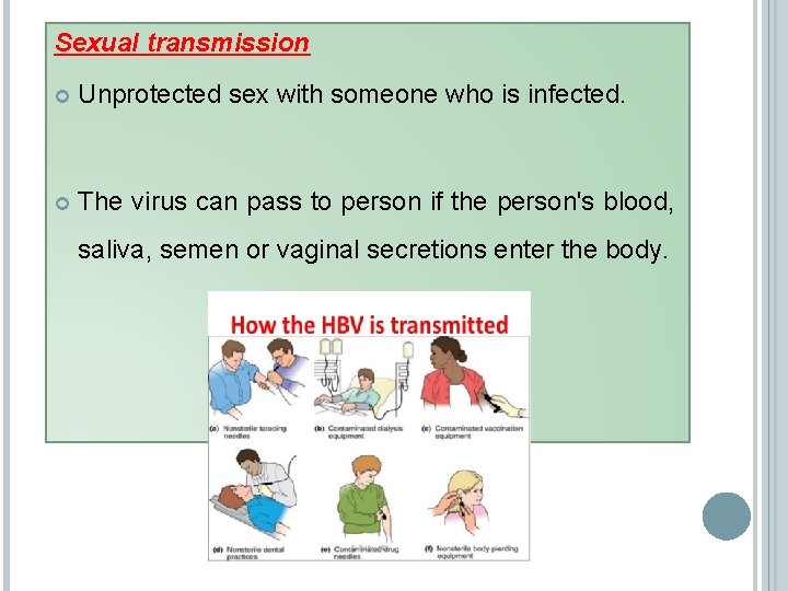 Sexual transmission Unprotected sex with someone who is infected. The virus can pass to