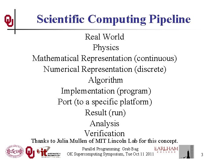 Scientific Computing Pipeline Real World Physics Mathematical Representation (continuous) Numerical Representation (discrete) Algorithm Implementation