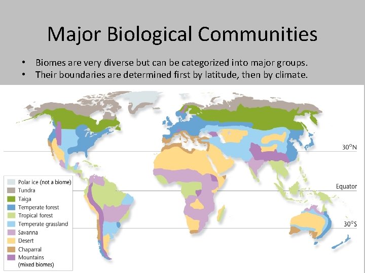 Major Biological Communities • Biomes are very diverse but can be categorized into major